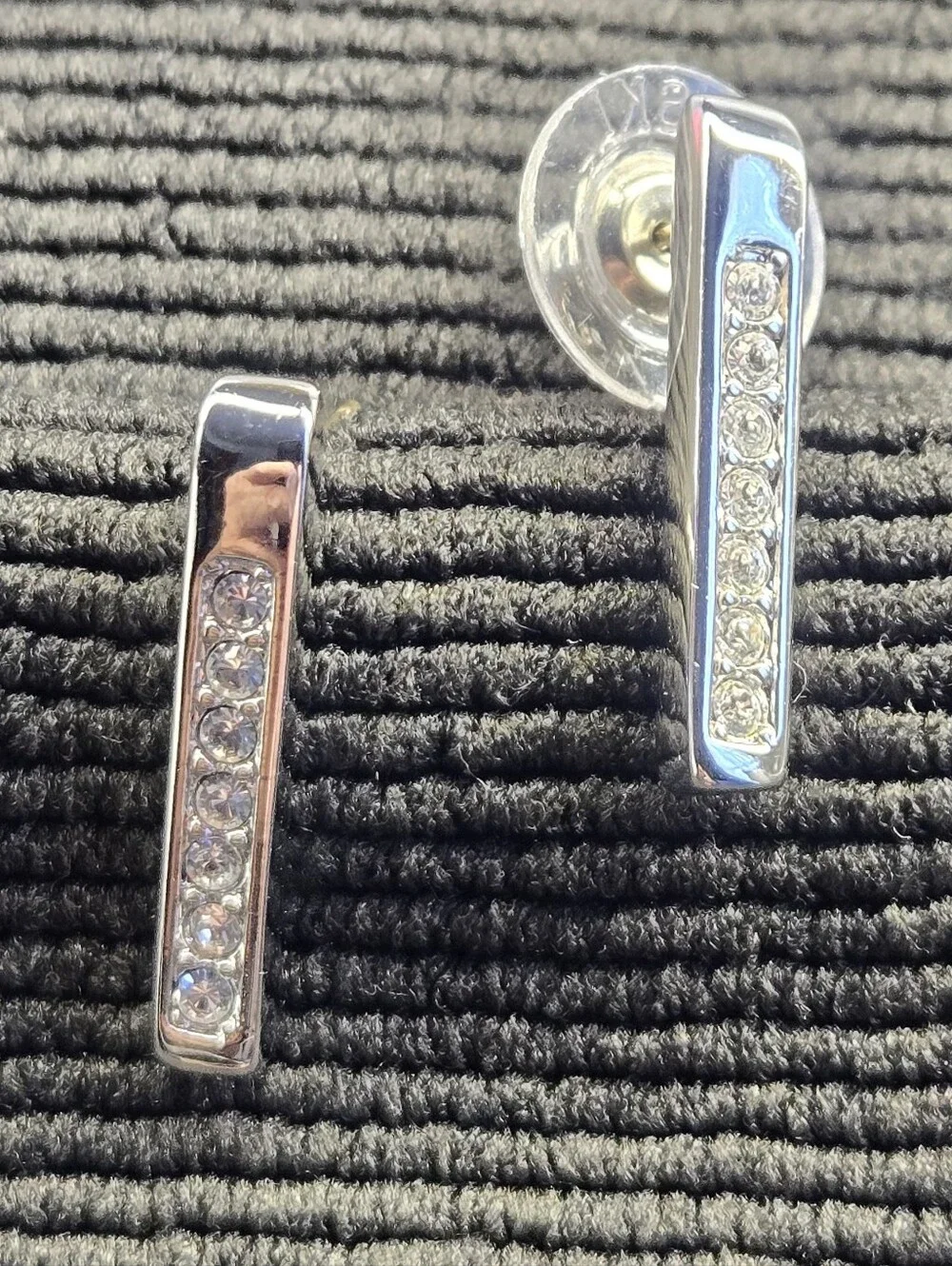 Swarovski Crystal Bar Stud Earrings Silver Tone Clear Pave